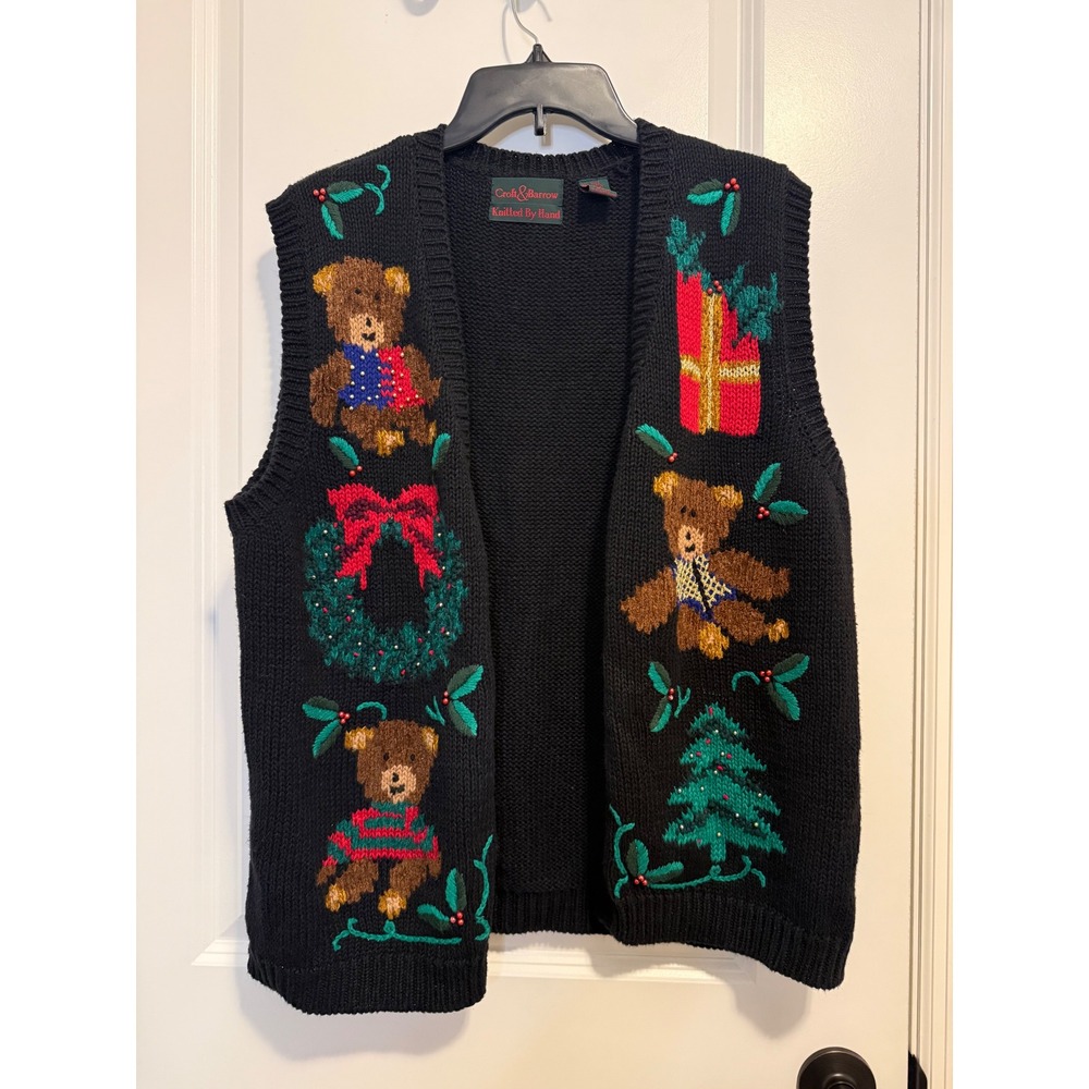 Croft & Barrow Sweater Vest Womens L Black Excellent Holiday Teddy Bear Festive